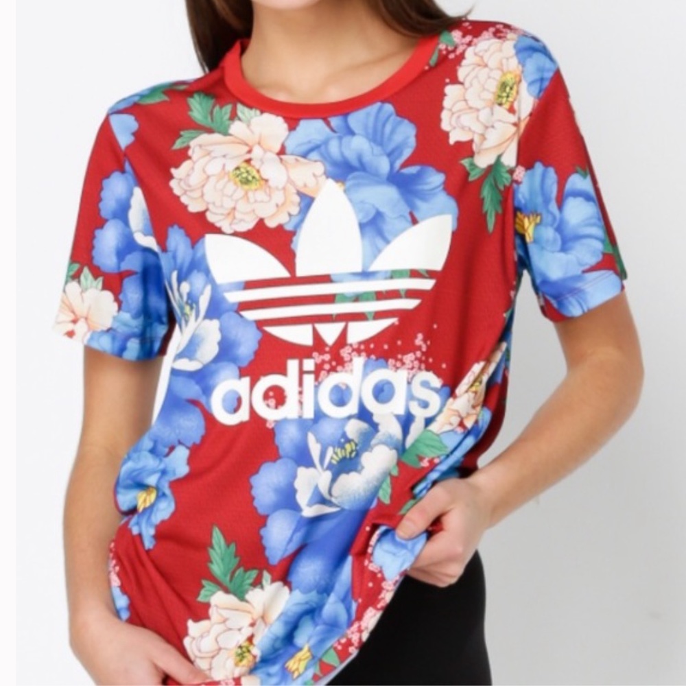 Adidas Red Floral Print Chita Trefoil Boyfriend Tee Sz S